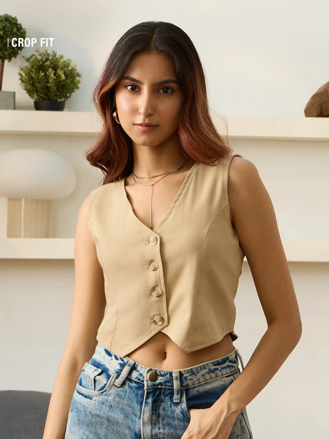 Cropped Vest Top: Beige